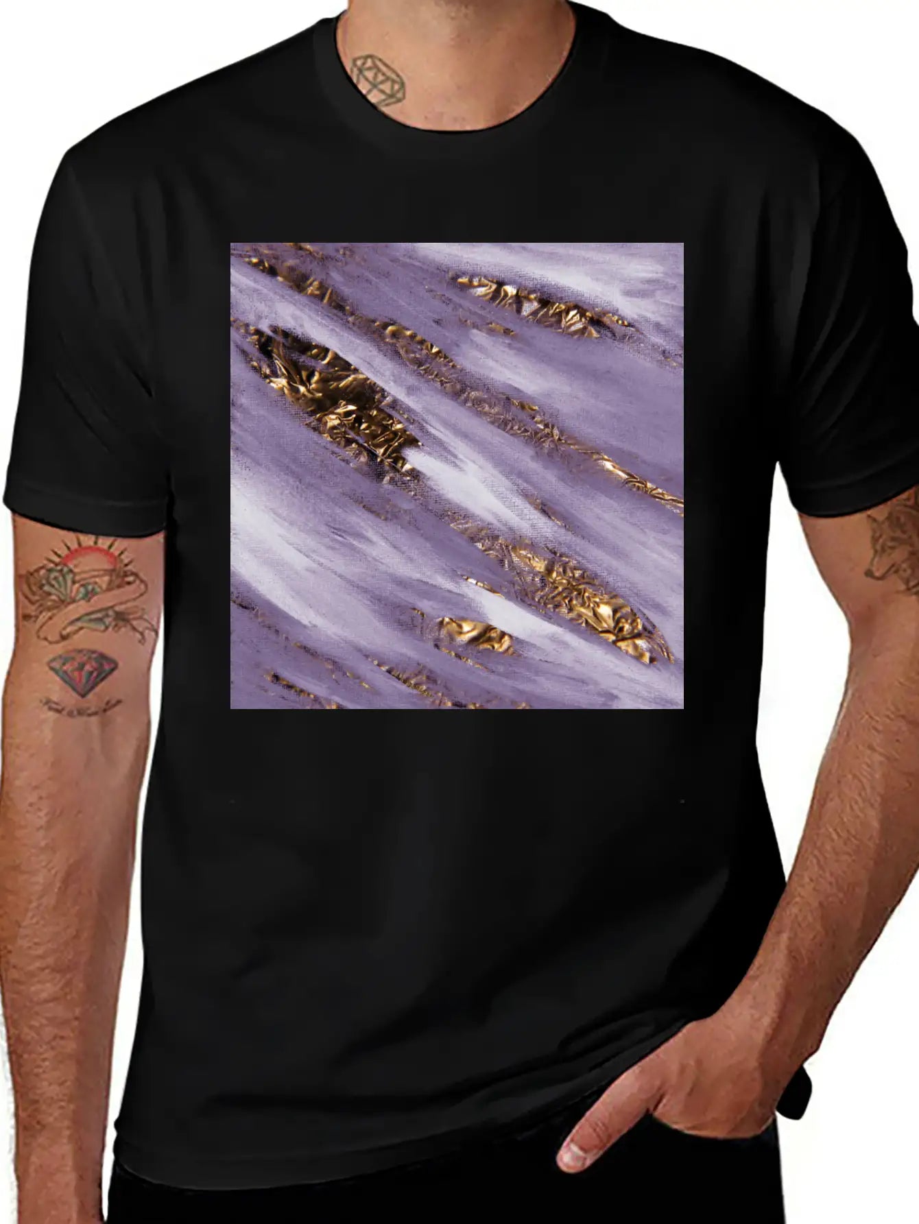 Violet Paint Brushstrokes Gold Foil Unisex Casual T-Shirt – Clean Design For Daily Comfort