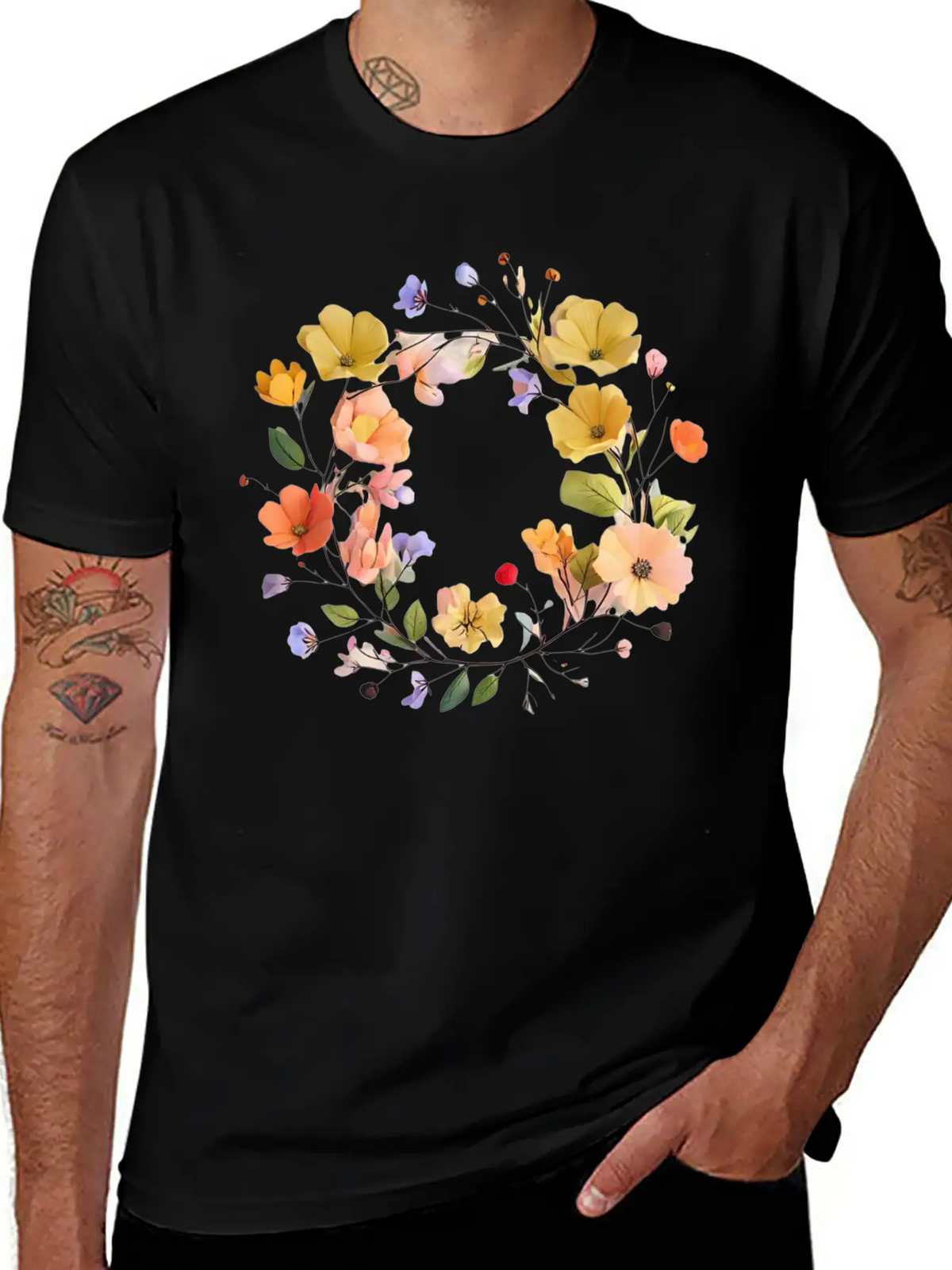 "Colorful Floral Wreath - Vibrant Nature Circle" Stylish Everyday T-Shirt – Unisex Basic Cotton Tee