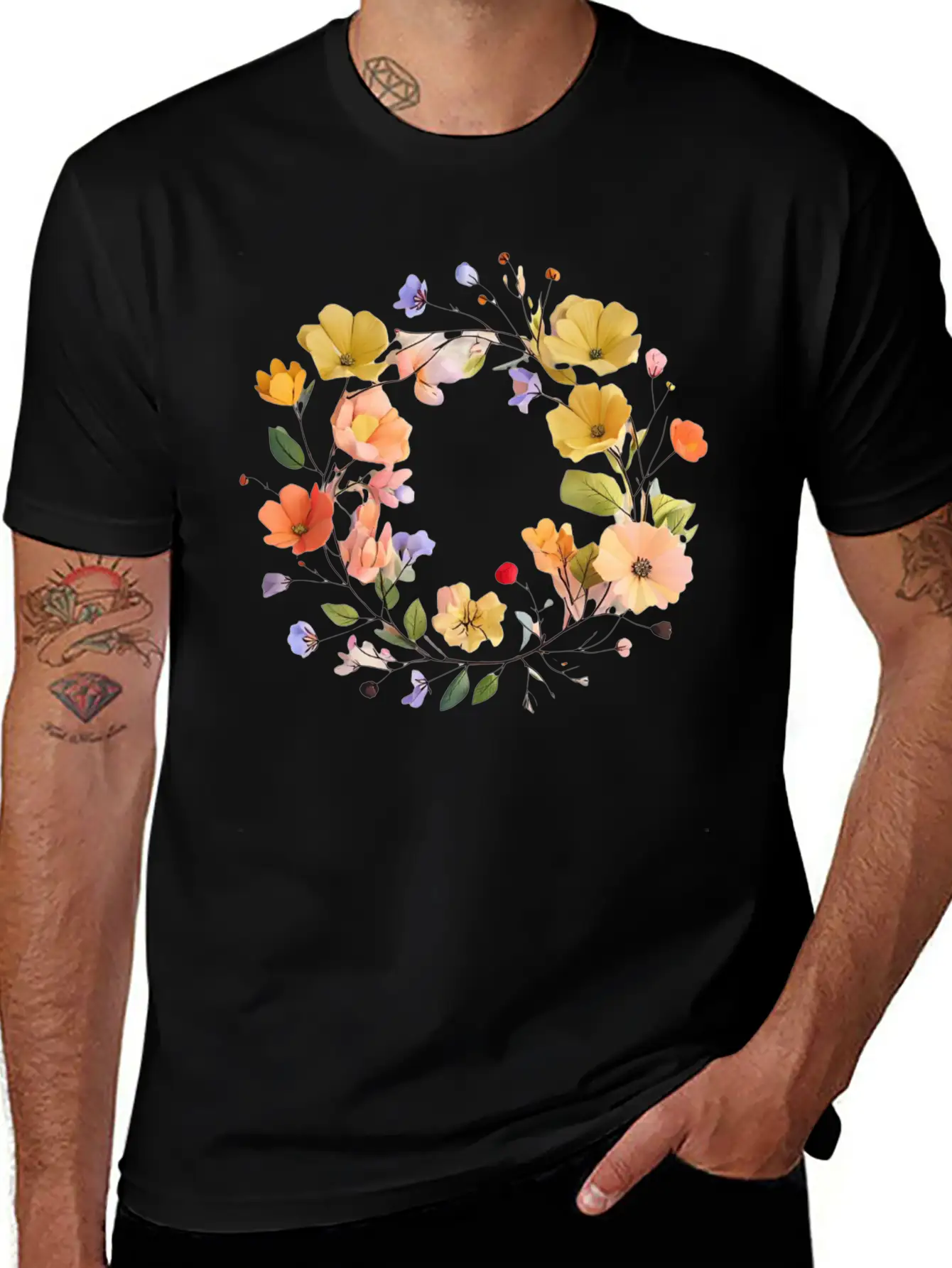 "Colorful Floral Wreath - Vibrant Nature Circle" Stylish Everyday T-Shirt – Unisex Basic Cotton Tee