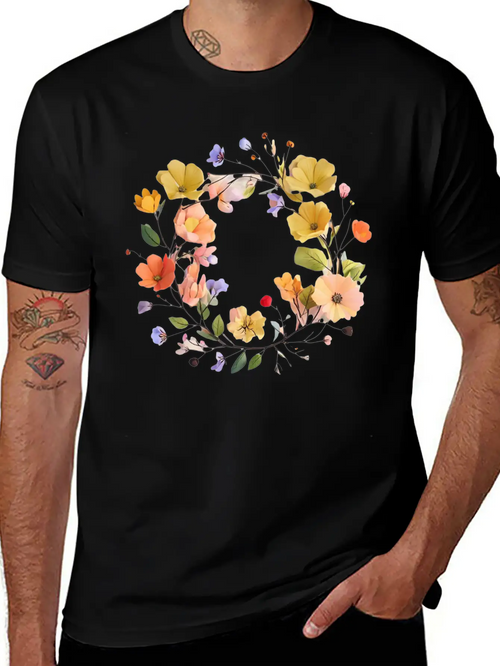 "Colorful Floral Wreath - Vibrant Nature Circle" Stylish Everyday T-Shirt – Unisex Basic Cotton Tee