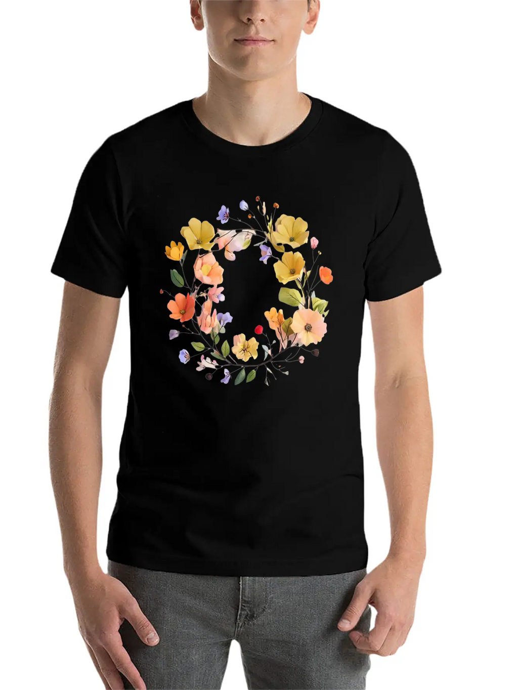 "Colorful Floral Wreath - Vibrant Nature Circle" Stylish Everyday T-Shirt – Unisex Basic Cotton Tee