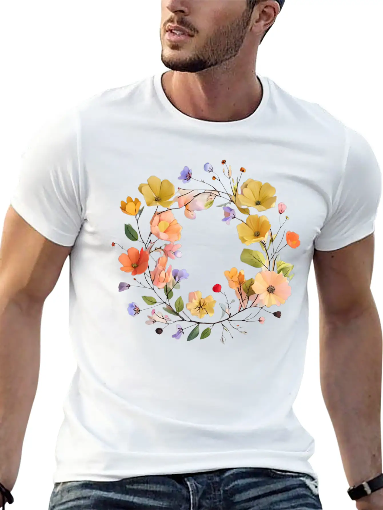 "Colorful Floral Wreath - Vibrant Nature Circle" Stylish Everyday T-Shirt – Unisex Basic Cotton Tee