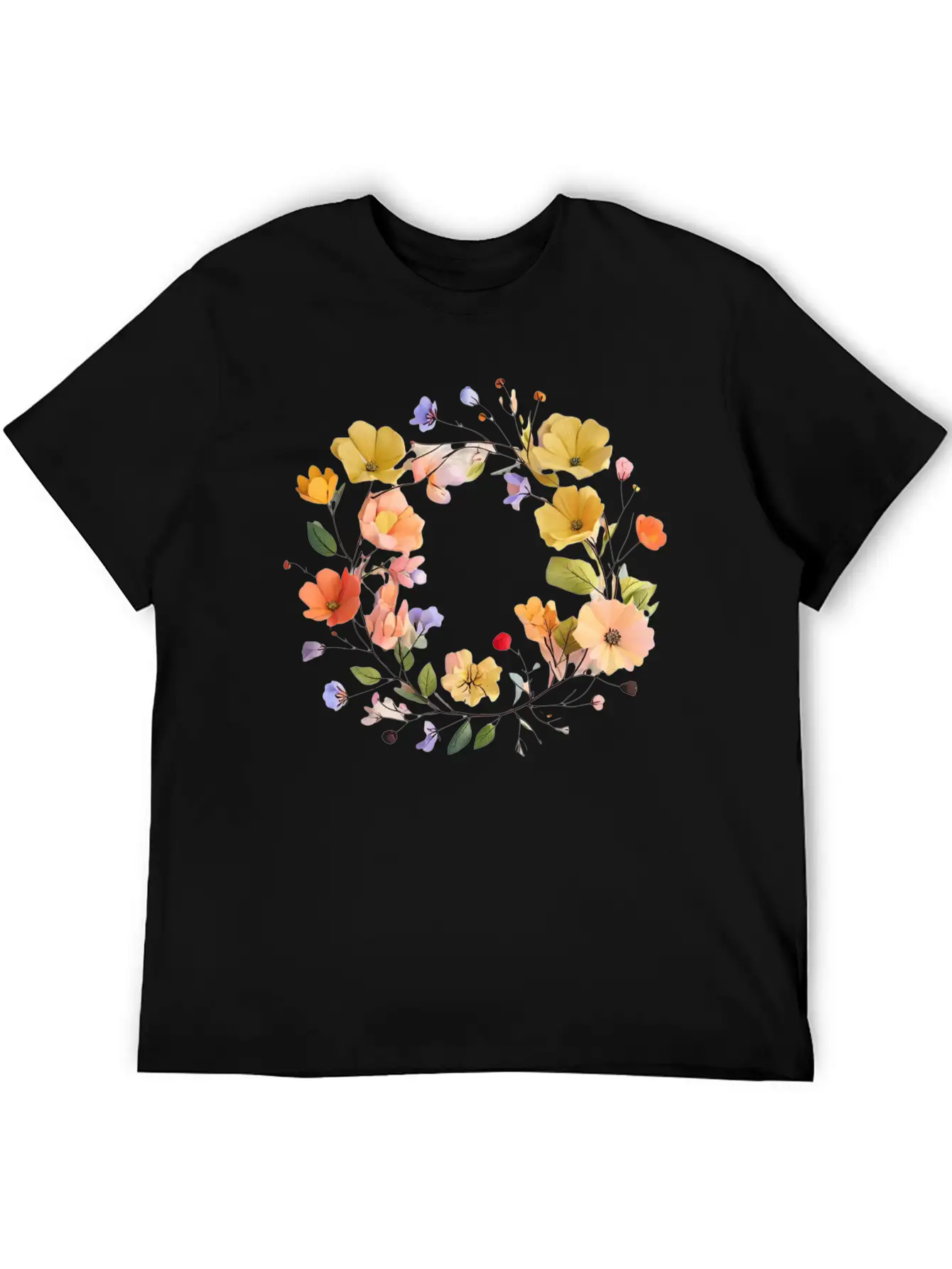 "Colorful Floral Wreath - Vibrant Nature Circle" Stylish Everyday T-Shirt – Unisex Basic Cotton Tee