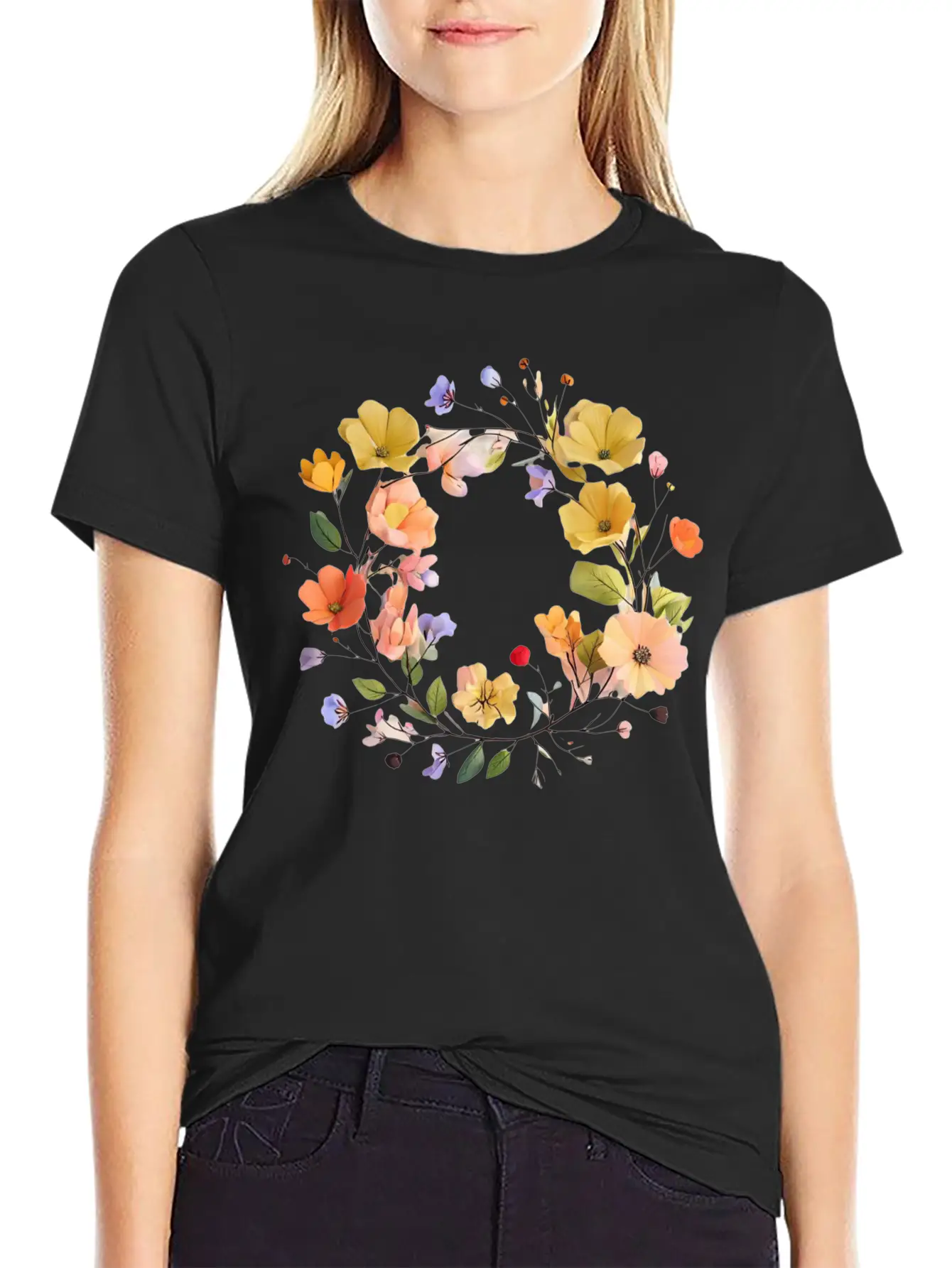"Colorful Floral Wreath - Vibrant Nature Circle" Stylish Everyday T-Shirt – Unisex Basic Cotton Tee