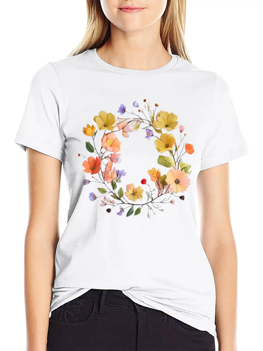 "Colorful Floral Wreath - Vibrant Nature Circle" Stylish Everyday T-Shirt – Unisex Basic Cotton Tee