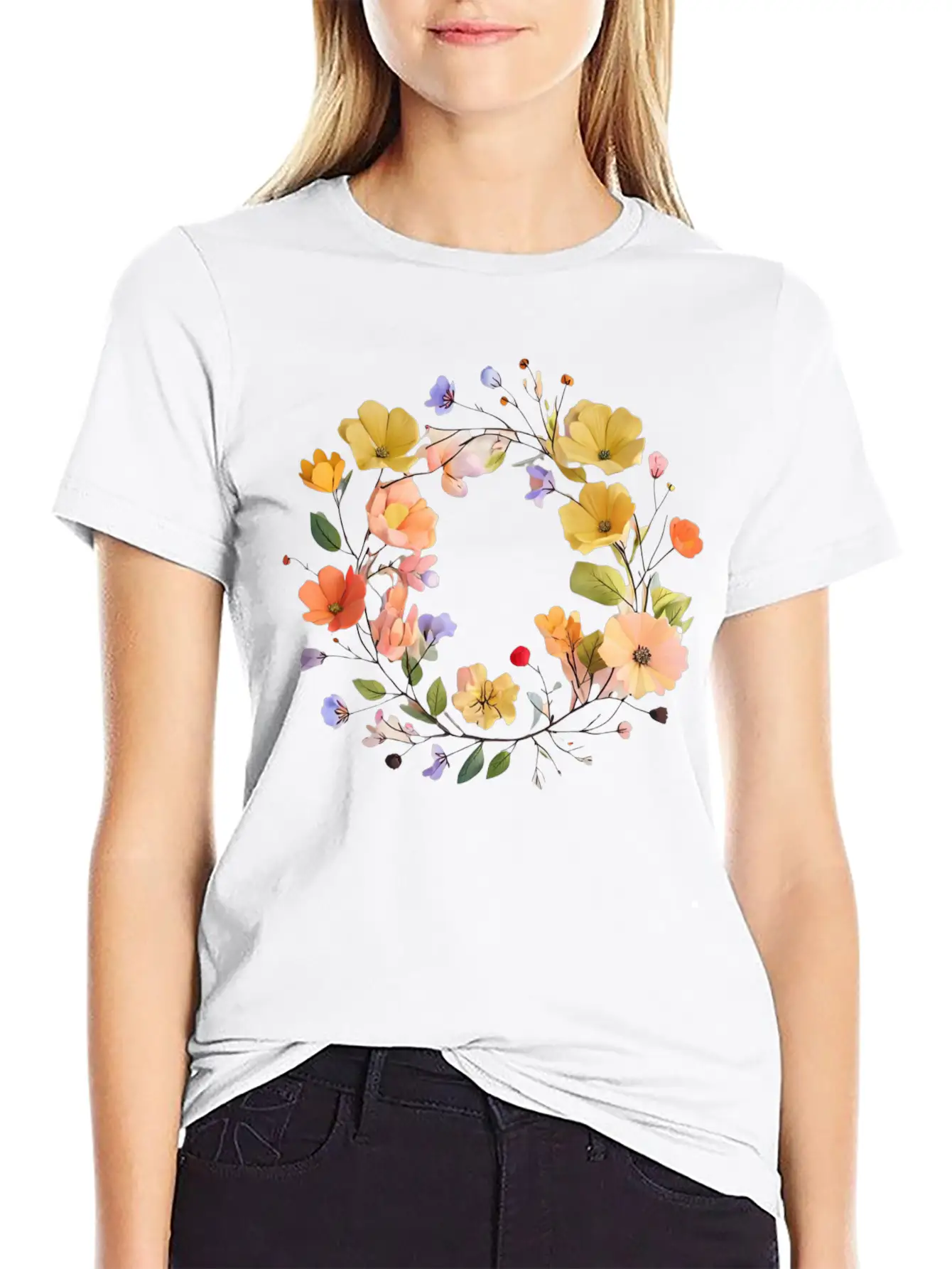 "Colorful Floral Wreath - Vibrant Nature Circle" Stylish Everyday T-Shirt – Unisex Basic Cotton Tee