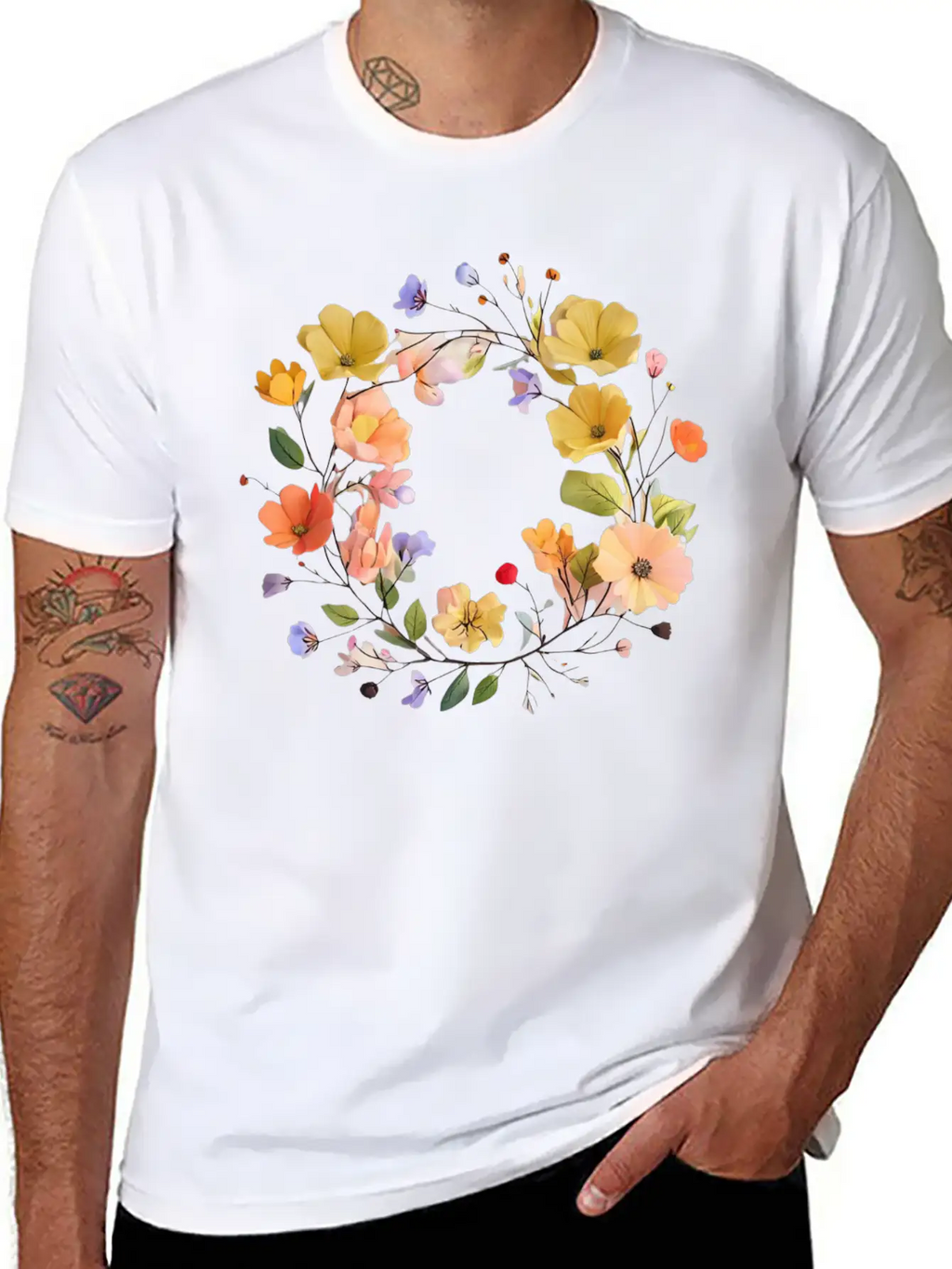 "Colorful Floral Wreath - Vibrant Nature Circle" Stylish Everyday T-Shirt – Unisex Basic Cotton Tee