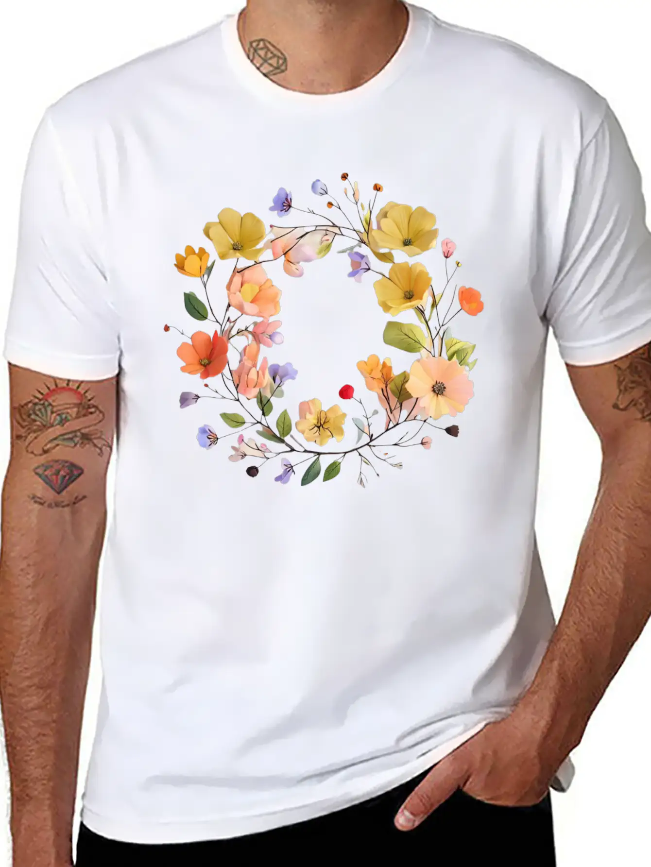 "Colorful Floral Wreath - Vibrant Nature Circle" Stylish Everyday T-Shirt – Unisex Basic Cotton Tee