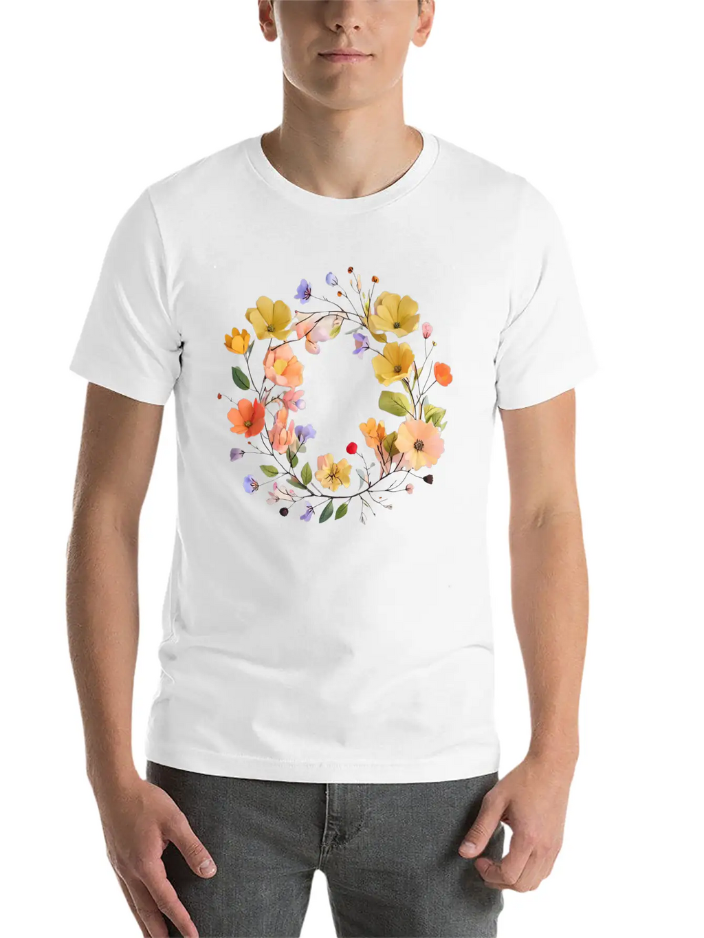 "Colorful Floral Wreath - Vibrant Nature Circle" Stylish Everyday T-Shirt – Unisex Basic Cotton Tee