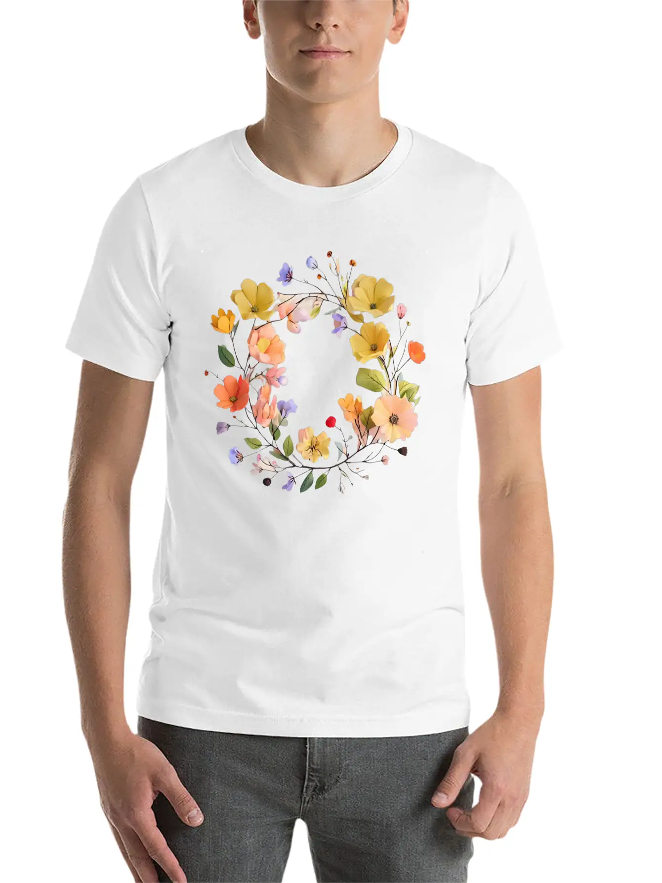 "Colorful Floral Wreath - Vibrant Nature Circle" Stylish Everyday T-Shirt – Unisex Basic Cotton Tee