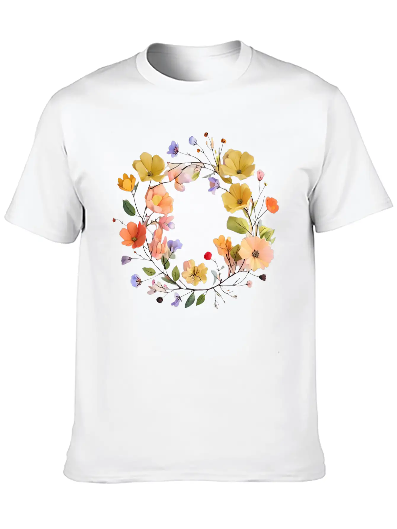 "Colorful Floral Wreath - Vibrant Nature Circle" Stylish Everyday T-Shirt – Unisex Basic Cotton Tee