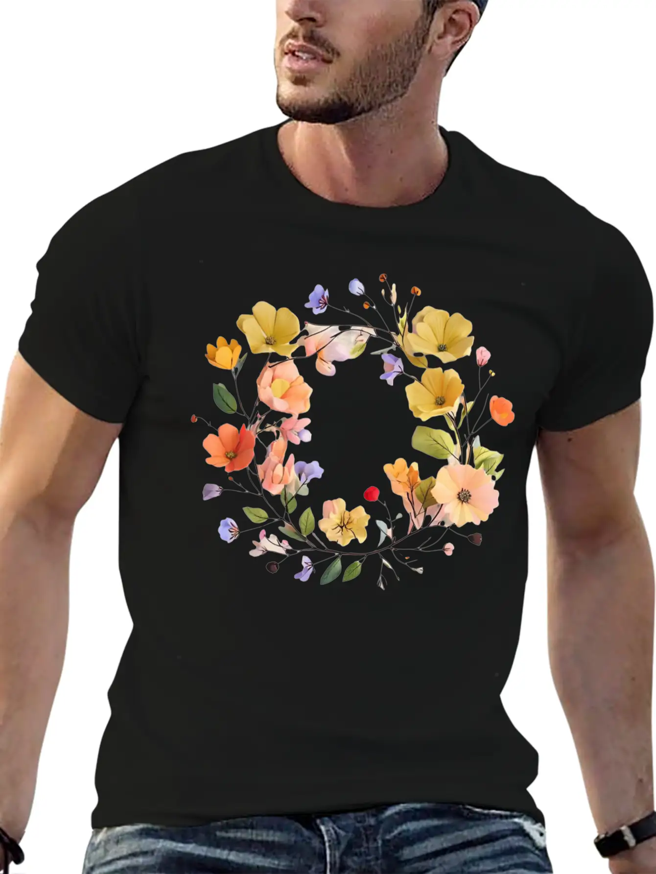 "Colorful Floral Wreath - Vibrant Nature Circle" Stylish Everyday T-Shirt – Unisex Basic Cotton Tee