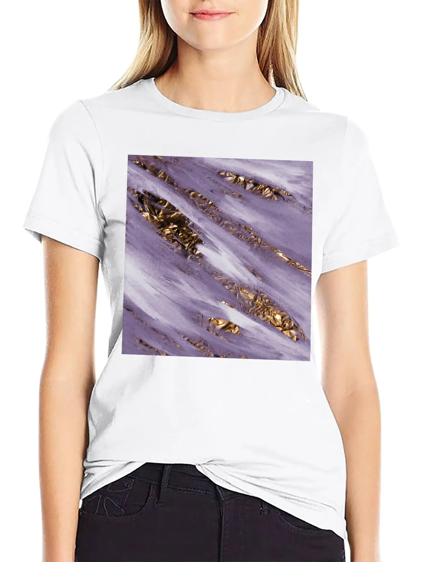 Violet Paint Brushstrokes Gold Foil Unisex Casual T-Shirt – Clean Design For Daily Comfort