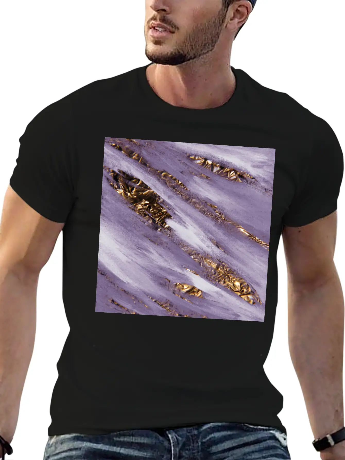 Violet Paint Brushstrokes Gold Foil Unisex Casual T-Shirt – Clean Design For Daily Comfort
