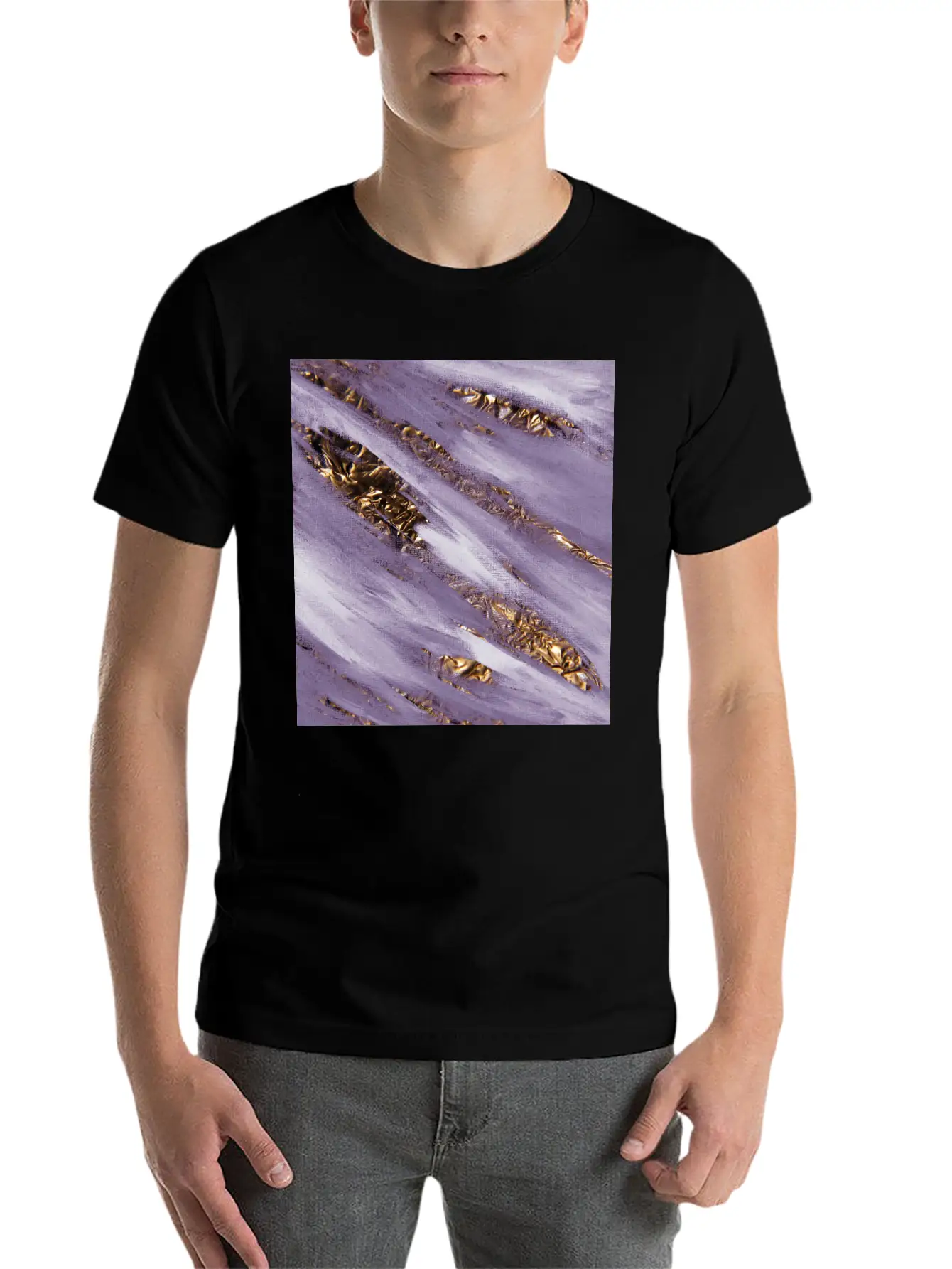Violet Paint Brushstrokes Gold Foil Unisex Casual T-Shirt – Clean Design For Daily Comfort