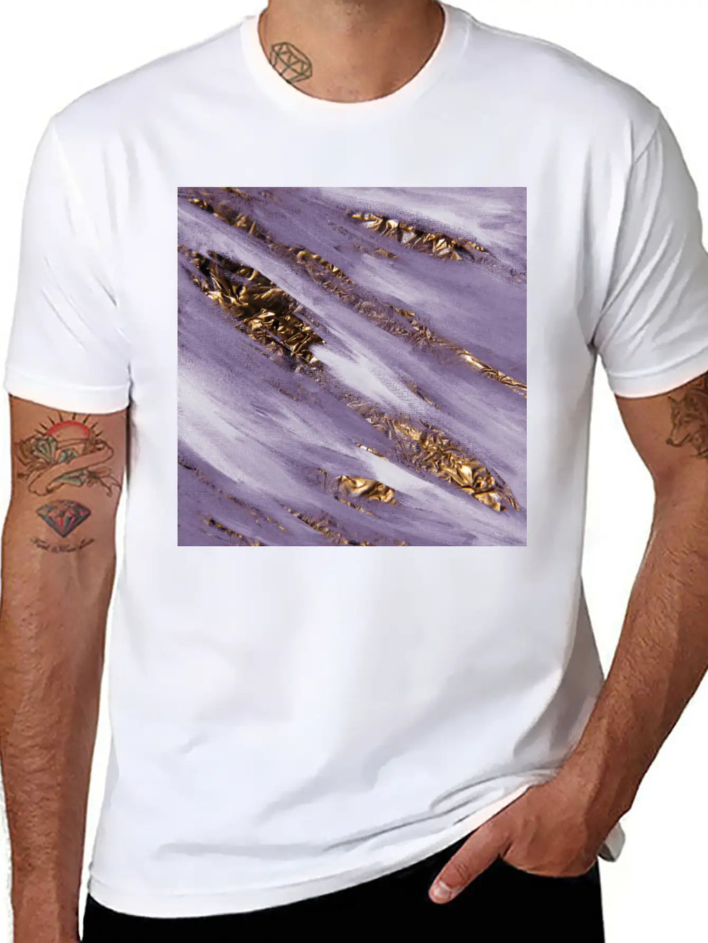 Violet Paint Brushstrokes Gold Foil Unisex Casual T-Shirt – Clean Design For Daily Comfort