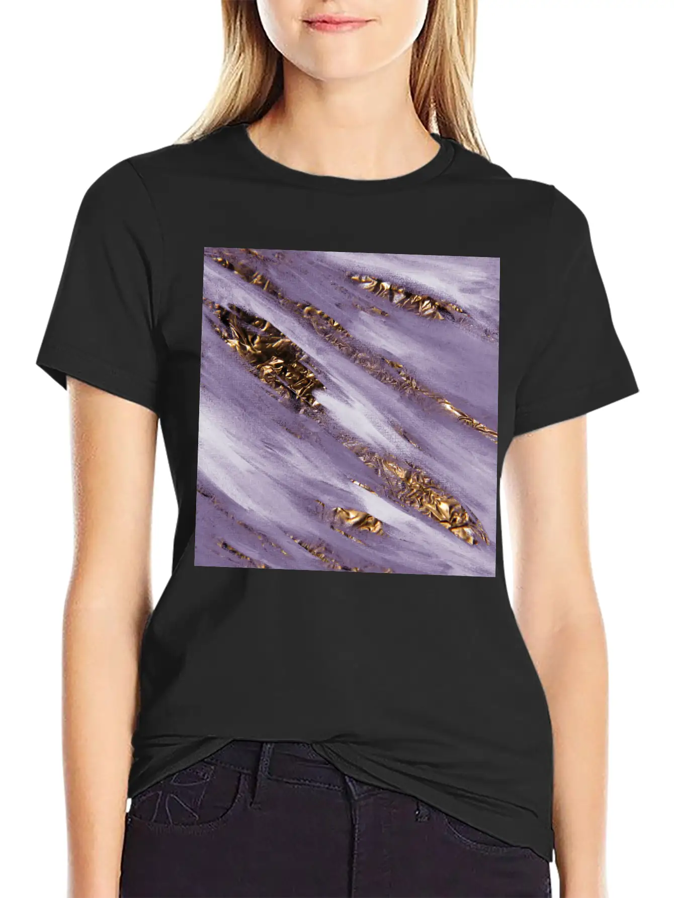 Violet Paint Brushstrokes Gold Foil Unisex Casual T-Shirt – Clean Design For Daily Comfort